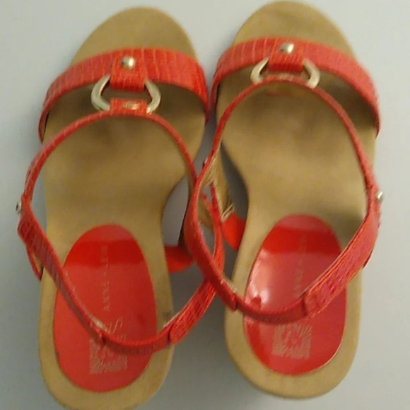 ANNE KLEIN i FLEX CORK, CROCO, SLING BACKSANDAL, ORANGE/RED, GOLD HARDWARE - Picture 7 of 14